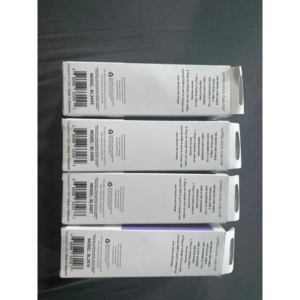 Wireless Gear 4 Pack Car Charger 10ft Micro USB Cable Purple White Black Teal